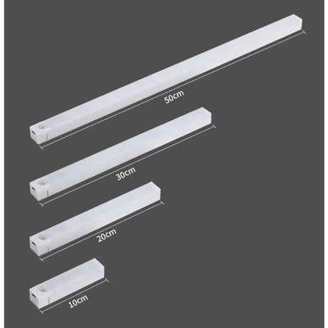 Three white fluorescent tubes with measurements for each tube