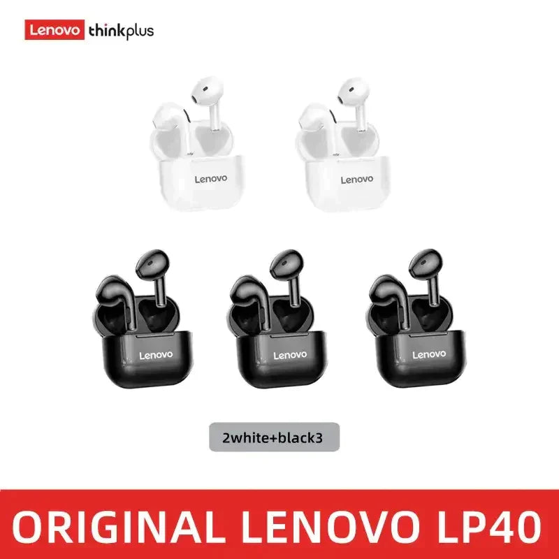 three white lenovo p40 earphones with black headsets