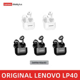 three white lenovo p40 earphones with black headsets