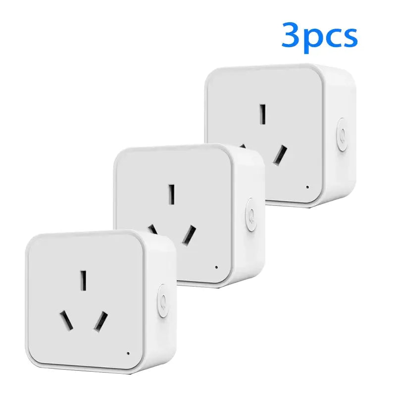 three white plugs with a white background and a blue sign