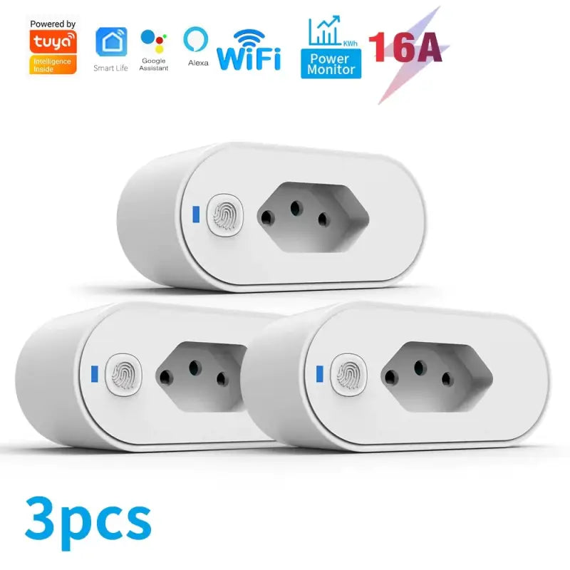 three white power outlets with a blue button and a white background