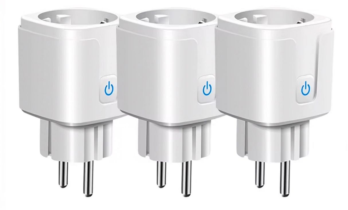 Three white smart plugs.