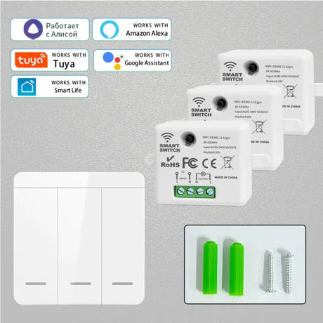 Three white switches and a white wall switch with a green button