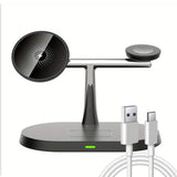 Three-in-one wireless charging stand with USB cable.