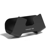 the tates stand is a black plastic stand with a white logo on it