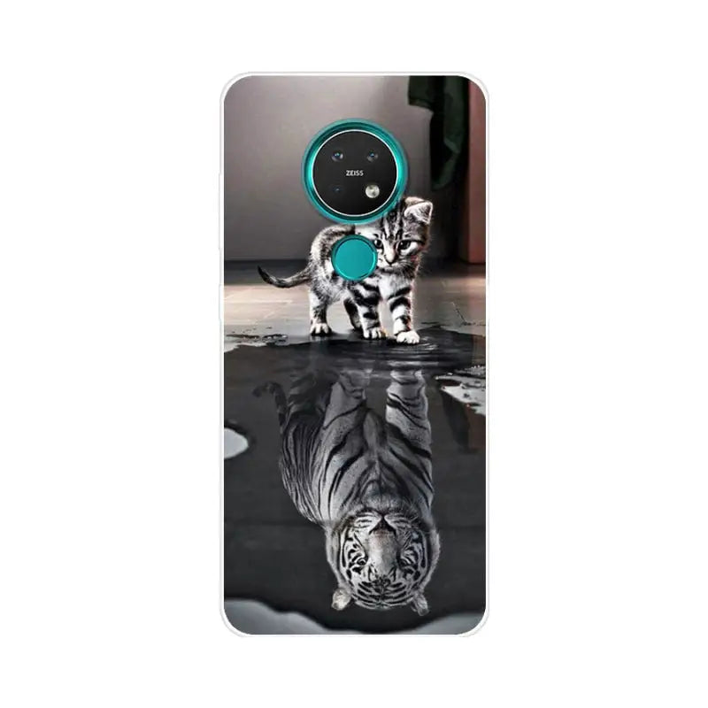 a tiger is reflected in the water on a phone case