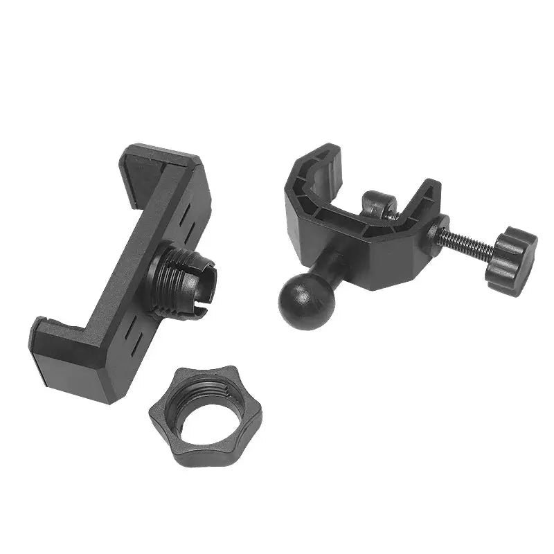 a pair of black metal mounts for a camera
