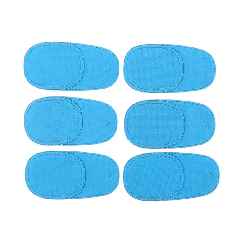 a close up of a set of six pairs of blue foot pads