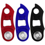 a set of three bottle openers with a red, blue and black one