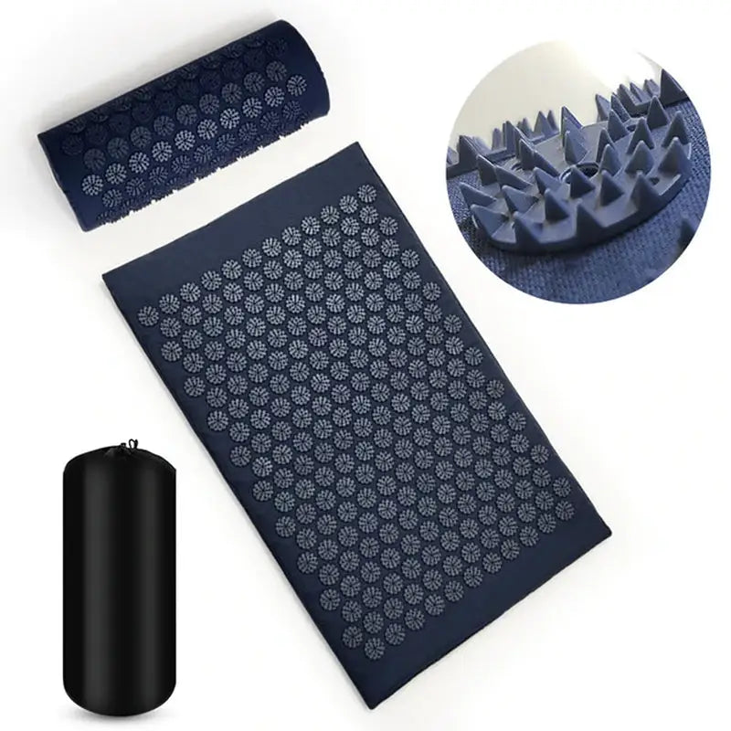a set of three mats with a blue pattern and a black mat with a white pattern