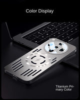 Titanium primary color phone case with a large circular camera cutout and a lightning bolt symbol for wireless charging.