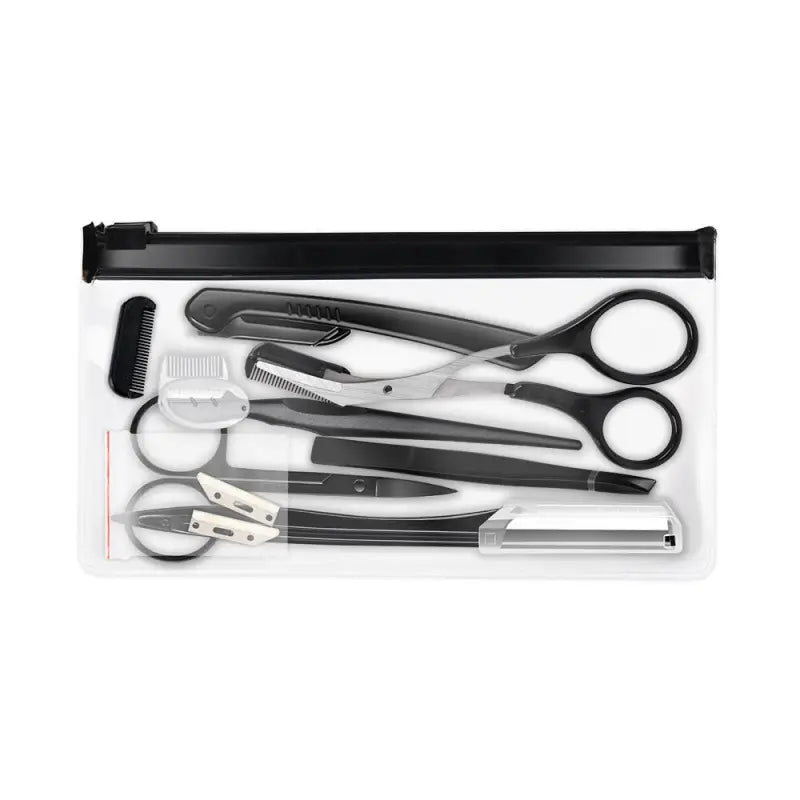 the black and white scissors are in a clear box