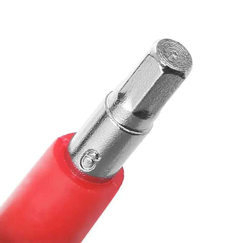 a red plastic tube with a metal handle