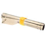 a stainless steel pipe with a yellow handle