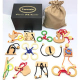 a box with wooden toys and a bag of toys