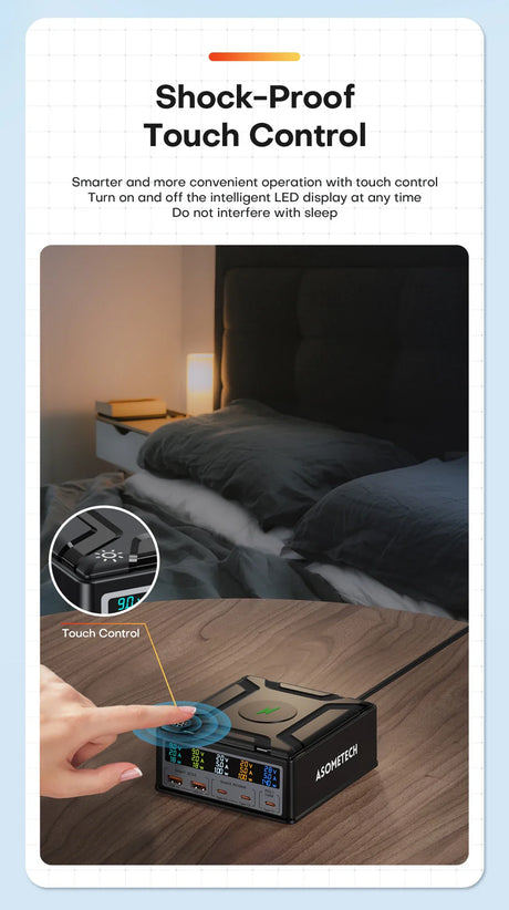 Touch-controlled electronic device with multiple displays, positioned near a bed.