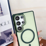 A translucent green phone case with a dark green magnetic ring and camera frame.