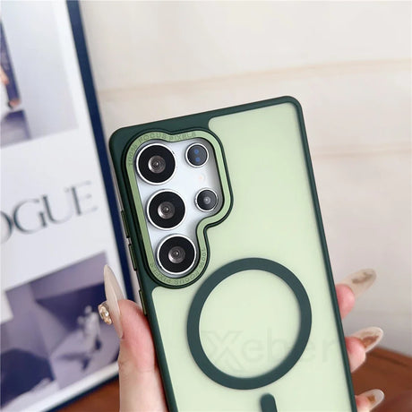 A translucent green phone case with a dark green magnetic ring and camera frame.