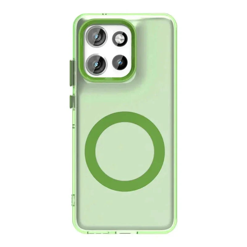 Translucent lime green smartphone case with a prominent camera module cutout and a circular magnetic ring.