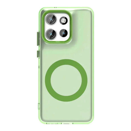 Translucent lime green smartphone case with a prominent camera module cutout and a circular magnetic ring.
