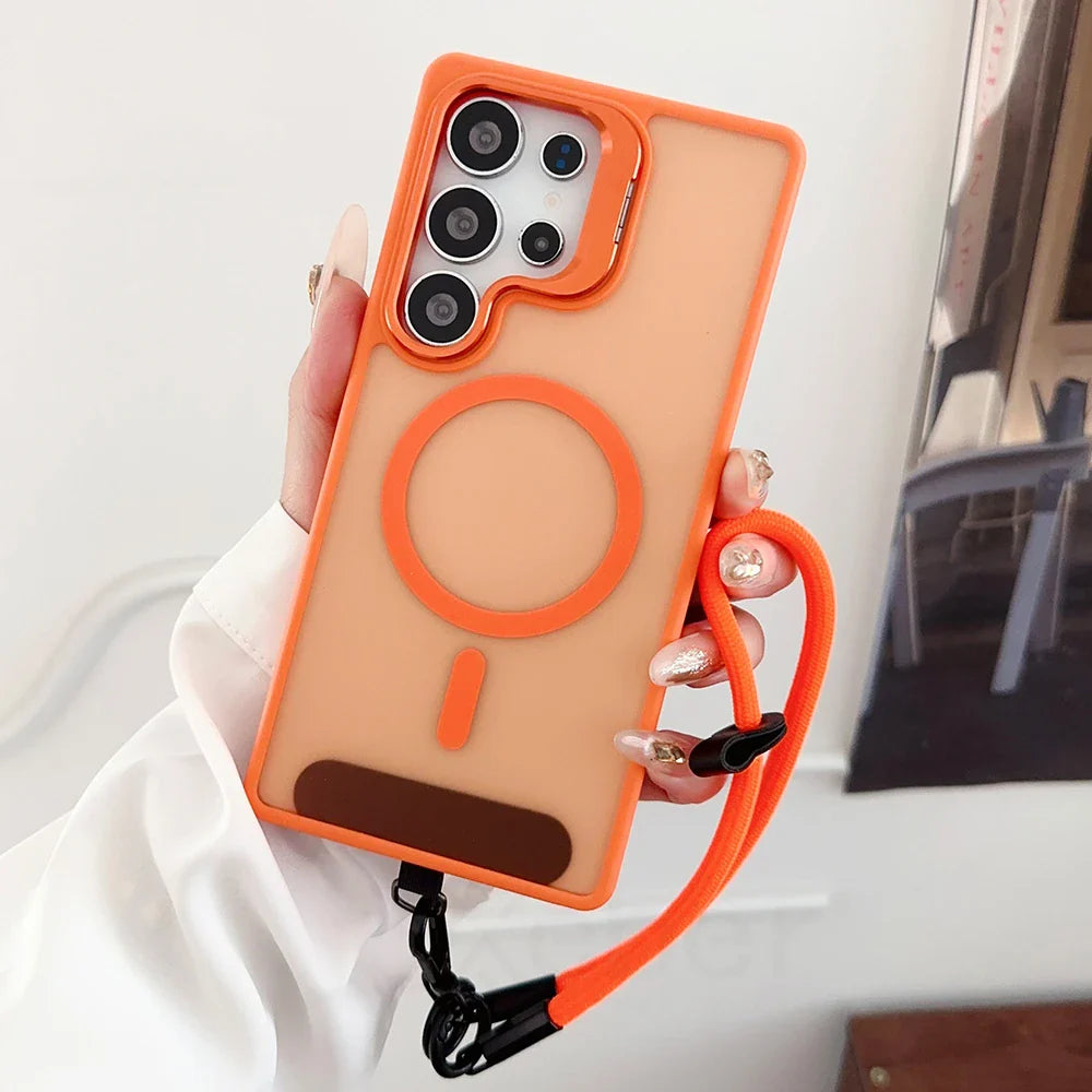 Translucent orange smartphone case with a built-in magnetic ring and an attached orange lanyard.