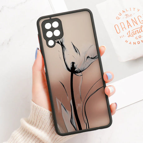 Translucent line art phone case for samsung galaxy s series with black gray abstract floral design and slim black border on back