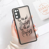 Translucent matte phone case for samsung galaxy s series with black line art faces and hands design on the back side