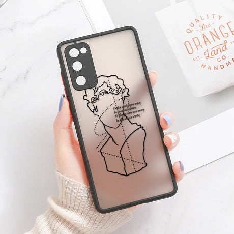 Translucent phone case for samsung galaxy s series with black line art face illustration and solid black border on back side