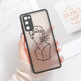 Translucent phone case for samsung galaxy with black line art design of a face and solid black border on back side