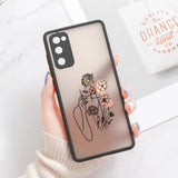 Back side of a translucent samsung galaxy phone case with a black border and delicate pastel floral line art design