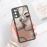 Translucent samsung galaxy phone case with black line art design of two faces matte finish and black border back view