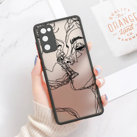 Translucent samsung galaxy phone case with black line art design of two faces matte finish and black border back view