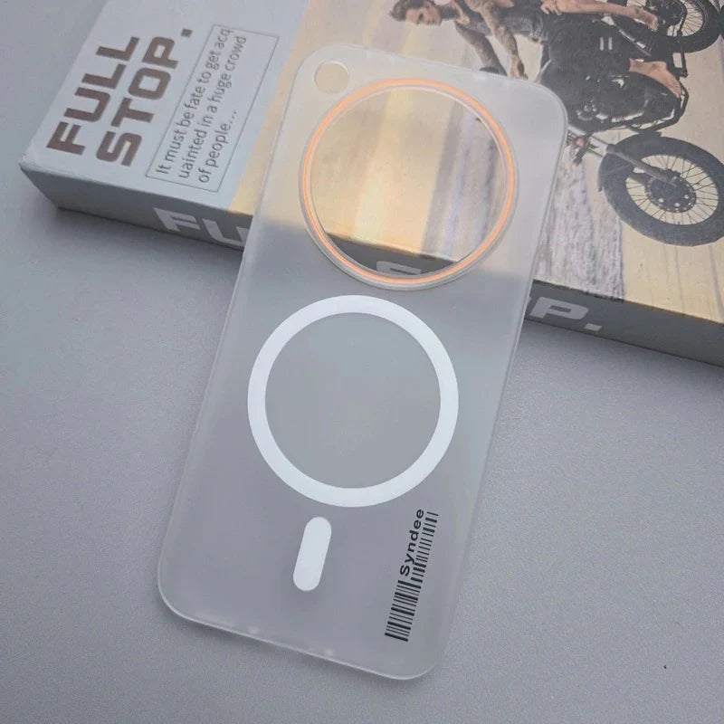 Translucent phone case with magnetic charging rings.