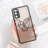 Translucent rose gold samsung galaxy phone case with black bumper and black heart line art design on back