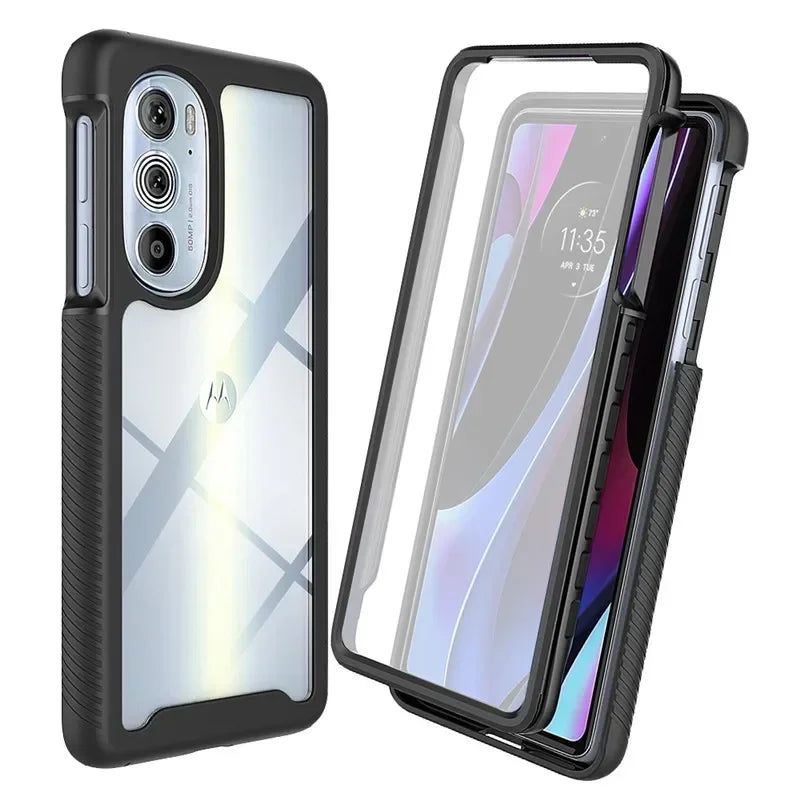A transparent and black protective phone case.
