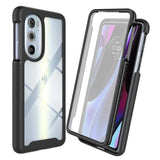 A transparent and black protective phone case.
