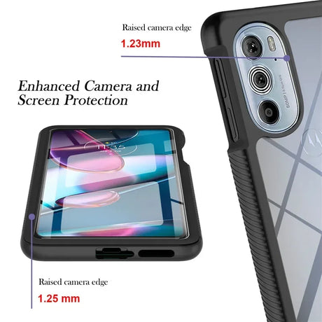 A transparent and black protective phone case for a smartphone, featuring raised edges for enhanced camera and screen protection.
