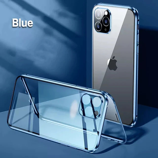 Transparent blue-edged phone case for an iPhone with a triple-camera setup.