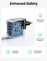 Transparent electrical adapter or charger showing internal circuitry and safety features.