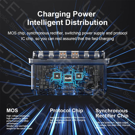 Transparent electronic device showcasing internal components for intelligent power distribution and fast charging.