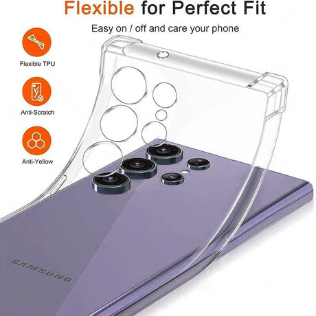 Transparent flexible phone case for a Samsung smartphone with multiple camera cutouts.