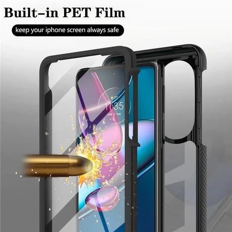 A transparent, full-coverage phone case with an integrated screen protector, designed for impact resistance.