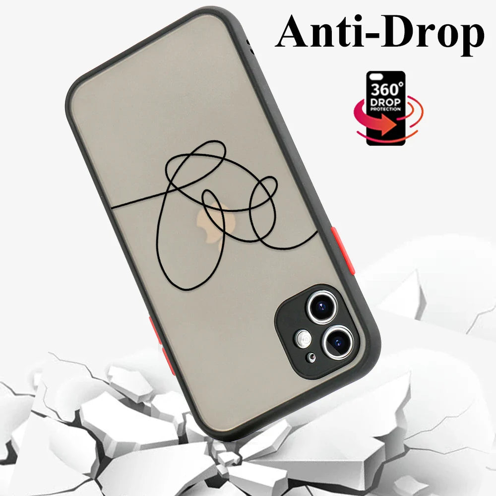 Back view of transparent gray samsung galaxy phone case with black line art design and red side buttons