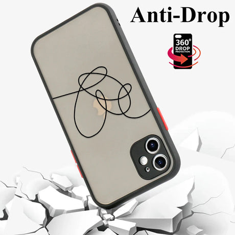 Back view of transparent gray samsung galaxy phone case with black line art design and red side buttons