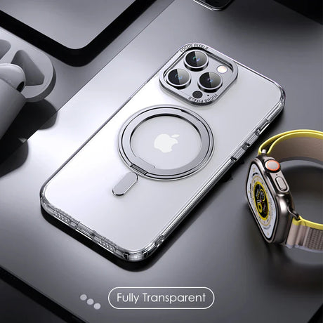 Transparent iPhone case with a built-in magnetic ring and camera protection.