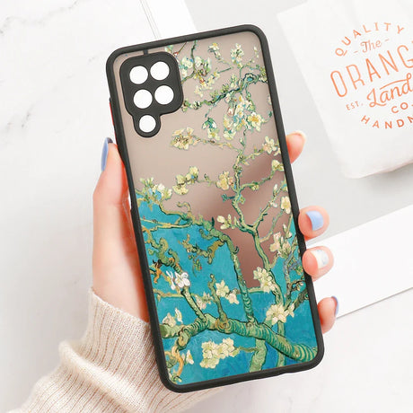 Back side of a transparent samsung galaxy phone case with black border featuring vibrant almond blossom art design line art phone