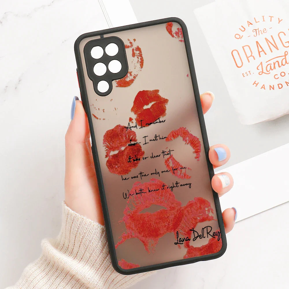 Transparent phone case with black border and red lipstick print featuring lana del rey quote for samsung galaxy s series