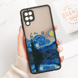 Back side of a transparent line art phone case for samsung galaxy s series with black border and van gogh starry night design