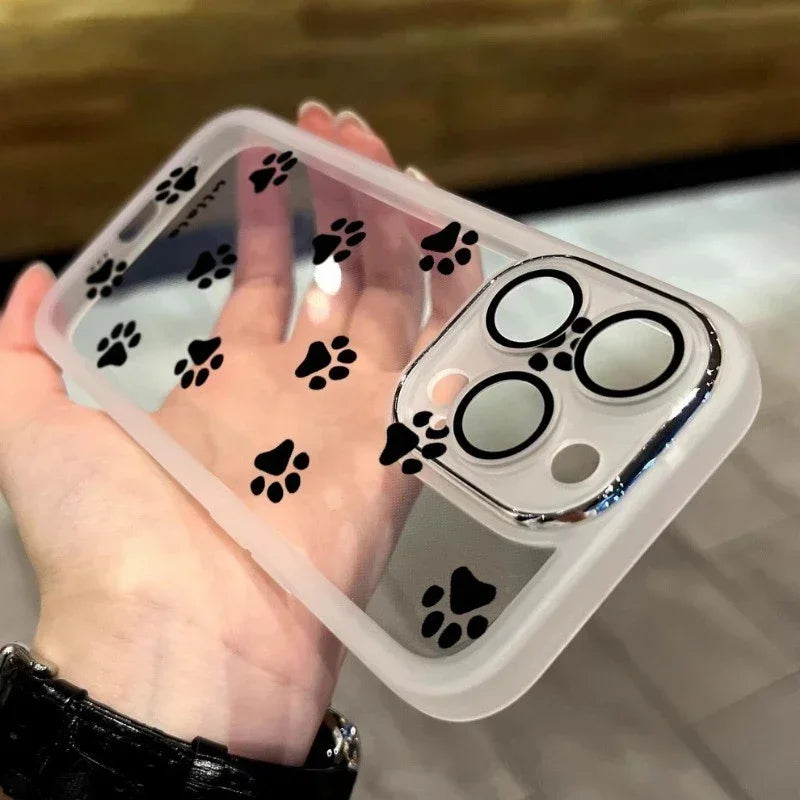 Back side of transparent paw print phone case with black decals and silver lens cover for samsung galaxy s series