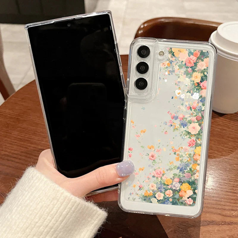 Transparent phone case for samsung galaxy with delicate pastel pink yellow and blue floral design on back side